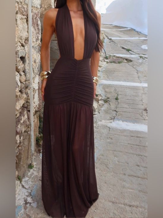 Outcast Clothing Dresses & Skirts - Deep V-Neck Brown Halter Maxi Dress